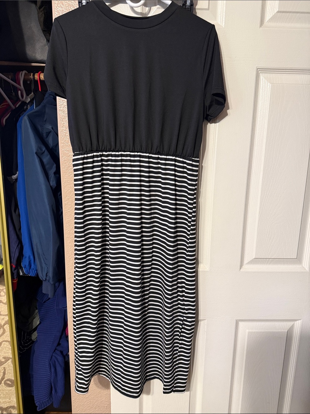 Black & White Striped Casual Midi Dress